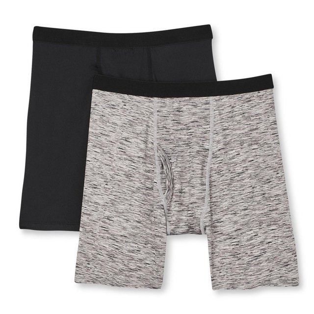 Athletic Works Boxeurs pour Garçons, Lot de 2, avec un Boxeur Uni Noir et un Gris Effet Teinture Spatiale, Dotés de Ceintures Élastiquées et de Surpiqûres flatlock, Fabriqués en Tissu polyester-spandex Extensible 4 Directions avec Évacuation de l'Humidité et Technologie Anti-Odeur, Convenant aux Garçons Actifs pour le Sport Ou le Jeu.