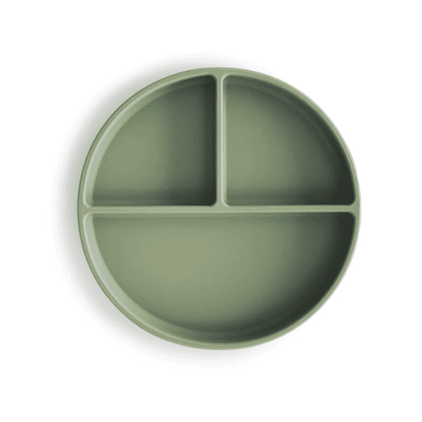 Baby Silicone Plate with Suction - Toddler Plate Suction-Base Set Baby Silicone Weaning Set. A round, green silicone plate with three divided sections and a suction base for stability. Made from 100% food-grade silicone, it is anti-stain, waterproof, BPA-free, and safe for microwave and dishwasher use.