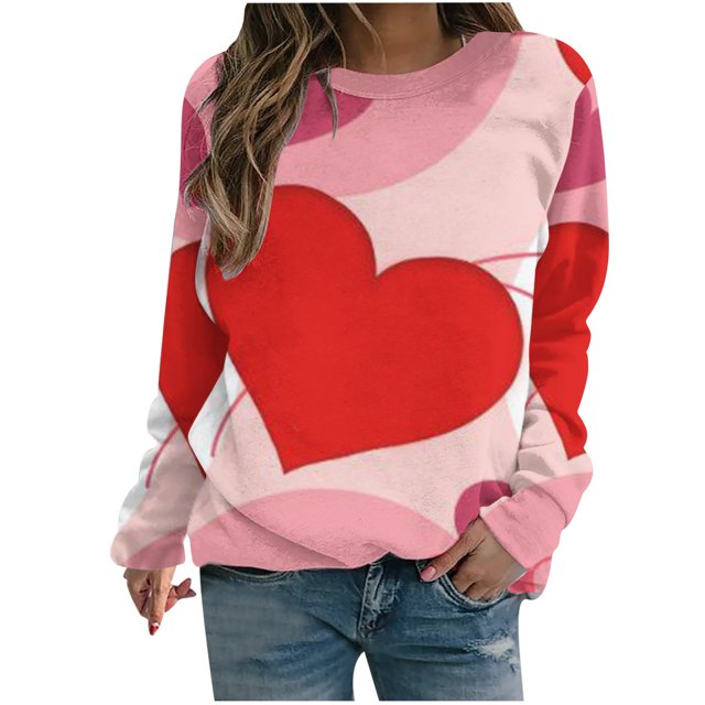 VALMASS Chandails en Molleton de la Saint-Valentin pour Femmes Graphique Manches Longues Col Rond Hauts Décontractés Mode Ample Pull Blouses (TG, Rose-C)