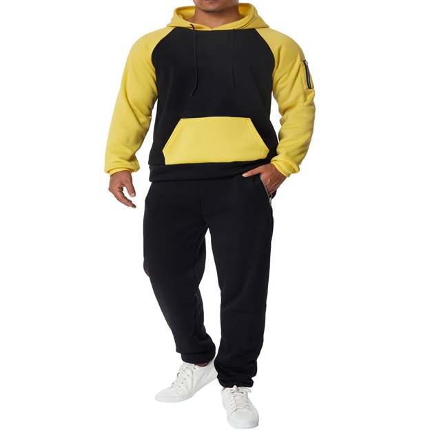 Men‘s Fitness Sports Pants Set Contrast Color Patchwork Drawstring Hooded Large Pocket Sweater + High Stretch Pants