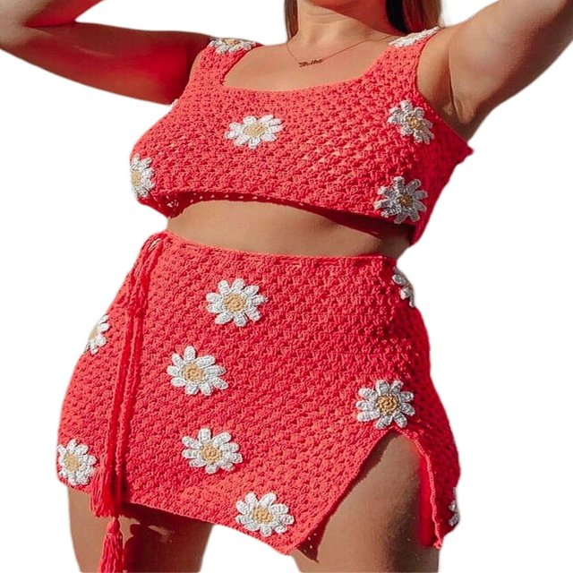 Women Two-Piece Clothes Set Floral Sleeveless Crop Tops And Knitted Skirt