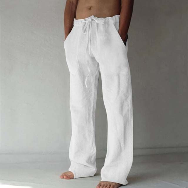 TIMIFIS Mens Casual Beach Pants Loose Elastic Waist Drawstring Straight Legs Summer Solid Color Cotton and Linen Pants with Pockets - Spring/Summer