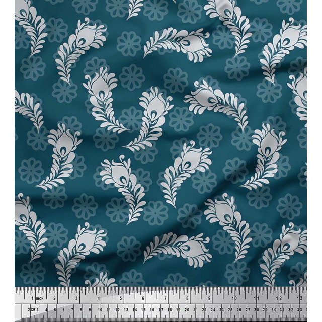 Soimoi Poly Georgette Fabric Floral & Peacock Feather Decor Fabric Printed Yard 42 Inch Wide