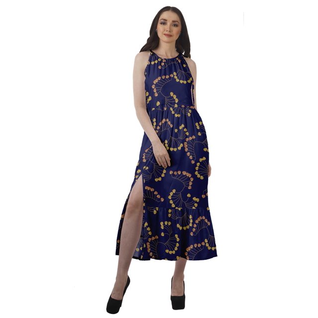 Moomaya Rayon Printed Halter Neck Dress Womens Front Slit Long Maxi Party Dress