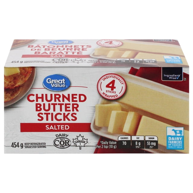 Great Value Salted Churned Butter Sticks box with 4 individually wrapped 454-gram sticks, certified kosher and made with quality Canadian milk, suitable for cooking, baking, and spreading.