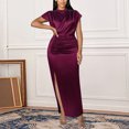 thumbnail image 5 of AherBiu Robe en Satin pour Femmes Élégante à Manches Cap, Col Montant, Froncée, Fendue, Soirée, Cocktail, Maxi, 5 of 5