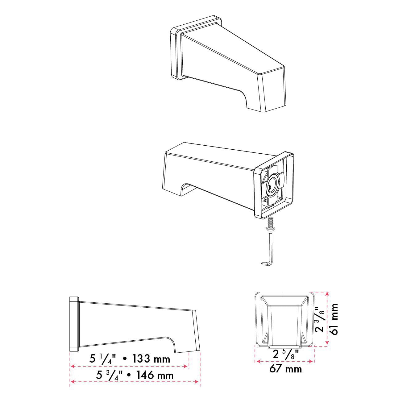 Bec de bain carré d'akuaplus® avec raccord lisse 1/2 po