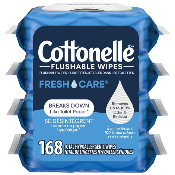 Cottonelle Fresh Care Lingettes Humides Jetables dans les Toilettes, 4 Paquets à Couvercle Rabattable, 168 Lingettes