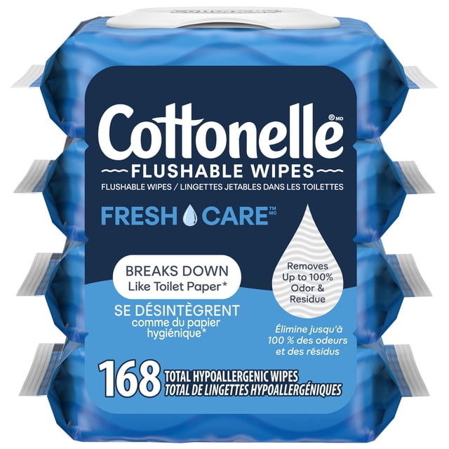 Cottonelle Fresh Care Flushable Wet Wipes 4 flip-top packs with 168 total hypoallergenic wipes in blue packaging, breaking down like toilet paper and removing up to 100% of odor and residue, with bilingual English and French text