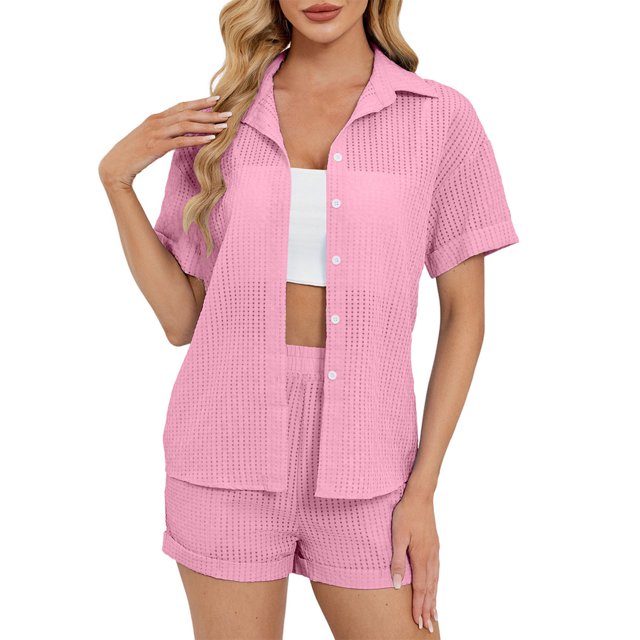 Womens Chiffon Set Two Piece Outfits Summer Beach Button down Short Sleeve Shirt Shorts Sets with Pockets