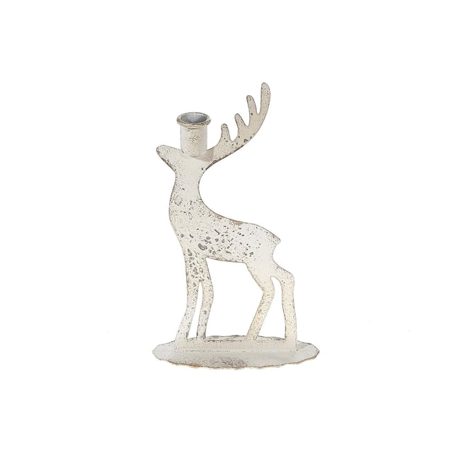 accent Décoratif de Table en Métal Blanc Vieilli avec une silhouette de Cerf Debout avec Bois et un Porte-Bougie Conique Intégré, Fabriqué en Métal Blanc Vieilli au Fini Shabby Chic, Mesurant 6.1 L x 2.56 L x 9.84 H Pouces, Idéal pour une Déco Rustique à la Maison et Adapté à l'Exposition sur Manteau Ou Étagère.