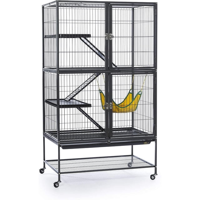 Prevue Feisty Ferret Home with Stand, a black powder-coated steel cage for small animals featuring four levels connected by ramps, a yellow fabric hammock, two large front doors with escape-proof locks, a removable debris tray, and a bottom shelf with casters for easy mobility.