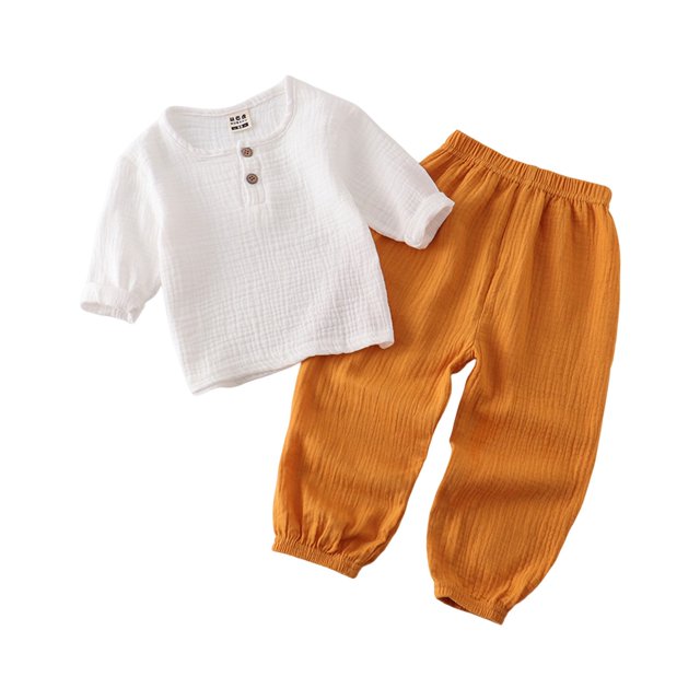 XDZJLR Boys Outfits Long Sleeve Solid Color Crewneck Button Loose Tops And Long Straight Pants Two Piece Set 5-6 Years