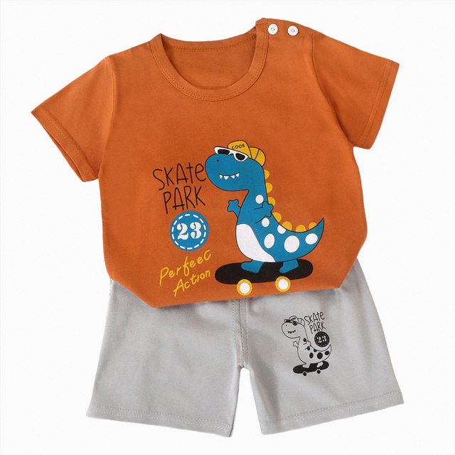 COMVALUE Garçons Enfants Mignon T-Shirt à Manches Courtes Col Ras du Cou et Short Uni à Taille Élastique Ensemble Décontracté (Coffee, 5-6 Ans)