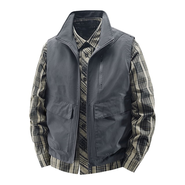 LNWUY Men's Work Vest Solid Color Standing Collar Multiple Pockets Outdoor Utility Vest Photography and Sports Jacket Coat Gray XXXXL