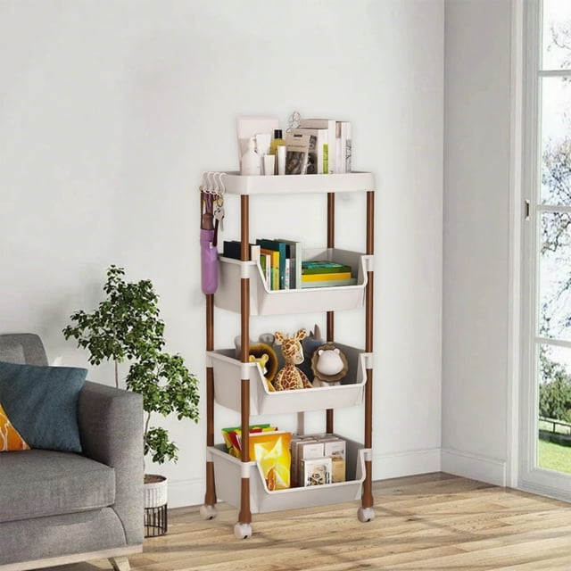 Birdeem Multipurpose Storage Cart with Wheels and Hooks,3-Tier Rolling Organizer Rack for Kitchen Bathroom Living Room,Space Saving Plastic Shelves Unit,Easy Assembly Mobile Storage Solution