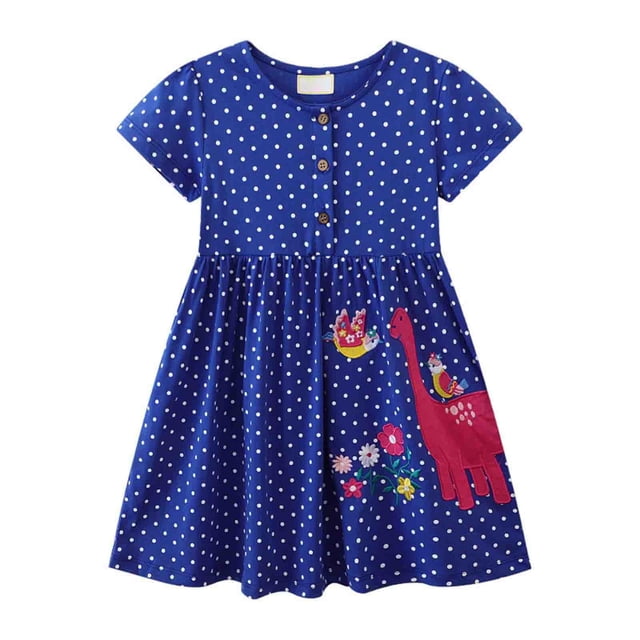 MIASHUI Robe d'Été Florale pour Filles Manches Courtes Boho Enfant Décontracté, Bleu Foncé, 3-4 Ans