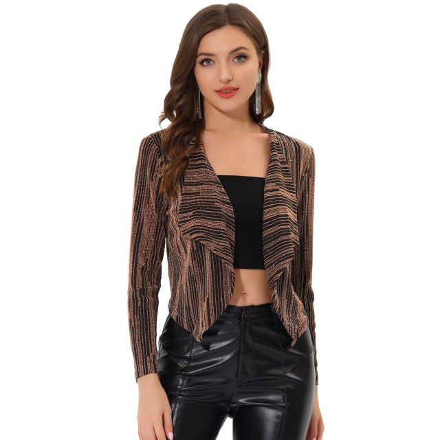 INSPIRE CHIC Cardigan Court à Manches Longues Scintillantes Col Drapé pour Femmes Or Rose TP