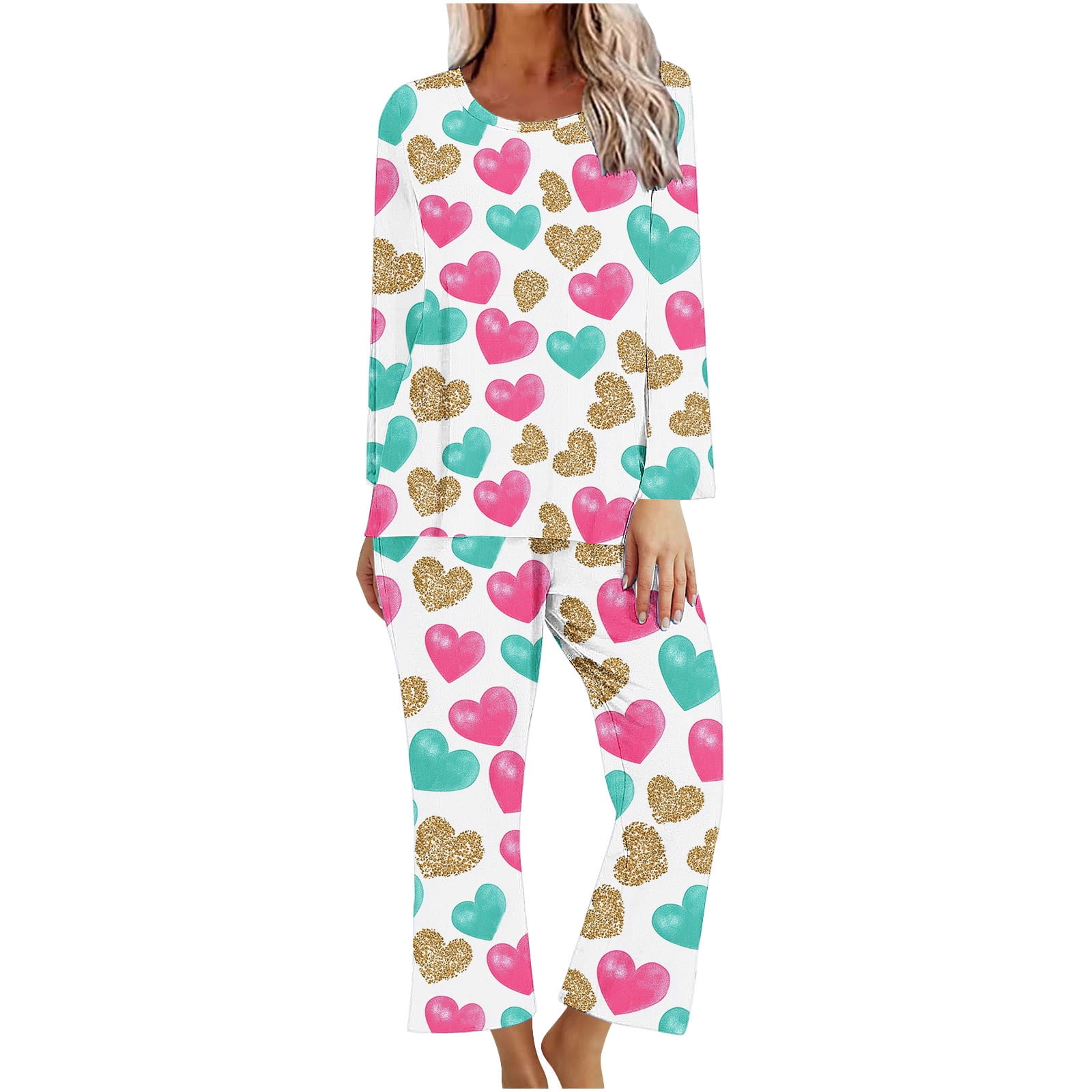 TIMIFIS Valentines Day Pyjamas Femme - Ensembles de Pyjama pour Femme 2 Pcs - Haut à Manches Longues Décontracté à Col Ras du Cou et Pantalon Ensembles de Pjs Vêtements de Nuit Vêtements de Détente