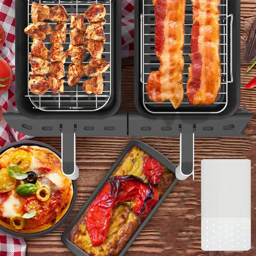 MesaSe Stainless Steel Air Fryer Accessories with BBQ Sticks and BBQ Paper Non-stick Air Fryer Rack Multipurpose Double Layer Dehydrator Rack Metal Holder for Dual Basket Air Fryers and O