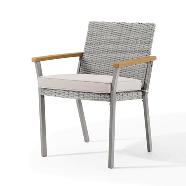 SONGMICS HOME Sencillo Collection - Dining Chair, Armchair, Patio Chair, with Faux Wood Armrests, Synthetic PE Rattan, Gray and Beige