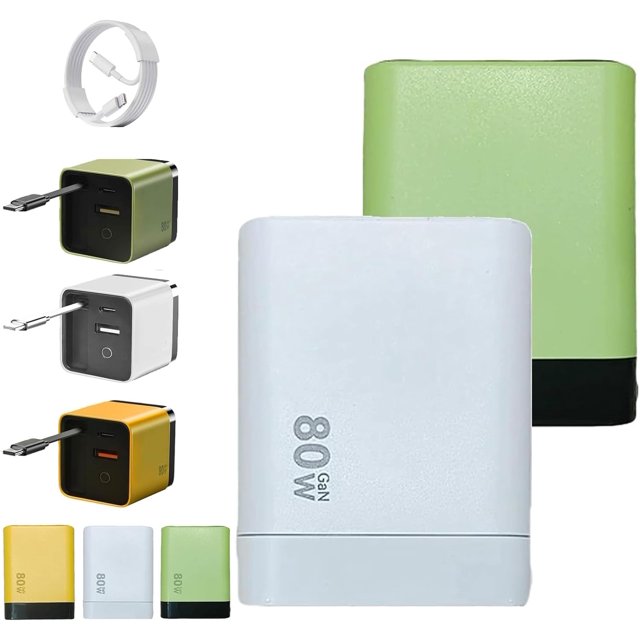 3 in 1 GaN Charger, Scalable 80w Max Fast Charger Module with Type C Cable and 2 USB Ports, Retractable Phone Chargers Wall Plug, Three Port Fastcharging, for Phone and Laptops (White+Green)