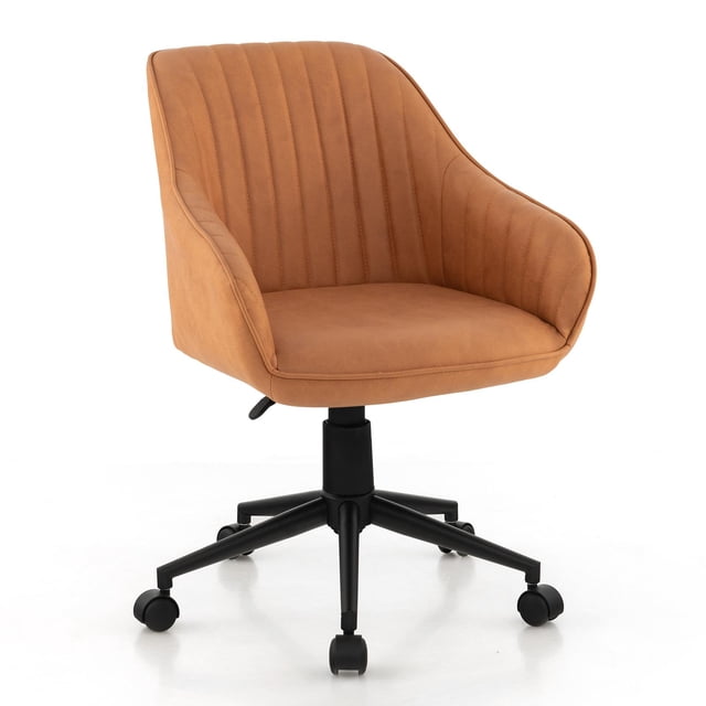 Giantex Chaise de Bureau à Domicile en Cuir, Chaise d'Ordinateur Pivotante à Roulettes avec Hauteur Réglable, Illustrée en Tissu leathaire Brun. la Chaise Présente un Dossier Courbé de Hauteur Moyenne avec Surpiqûres Verticales, des Accoudoirs Rembourrés et un Siège Rembourré pour un Soutien Ergonomique. Elle a une base Robuste en Métal Noir à 5 Griffes avec des Roues Rotatives à 360 Degrés pour une Mobilité Facile. la Hauteur de Siège Réglable Varie de 17,5 à 21 Pouces, la Rendant Adaptée à Divers Utilisateurs. le design Moderne et Minimaliste Complète les Espaces