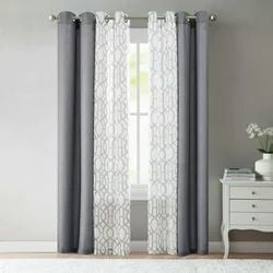 Ensemble de rideaux à œillets Mainstays Kingswood, voile uni et imprimé, 4 pièces, gris flanelle, 27,5" de large x 84" de long.