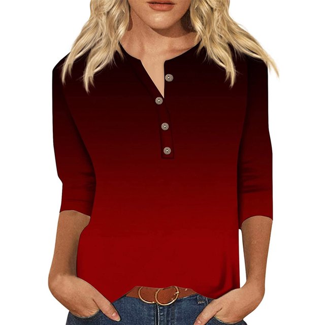 Bellella Hauts pour Femmes T-shirt à Imprimé Floral Col Rond Tee Tunique Douce Manches 3/4 Blouse T-shirt Noir Rouge Dégradé S