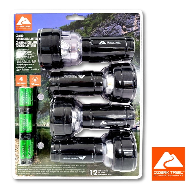 Ozark Trail 4 pack Flashlight Combo 30LM includes four black compact flashlights with twist on/off switches and clear lenses, each providing 30 lumens brightness and lighting up to 70 meters, with 12 AAA batteries included, suitable for emergency preparedness and outdoor use.