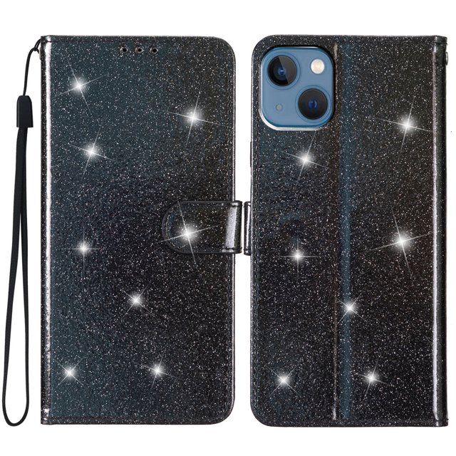 Compatible avec iPhone 14 Plus Étui Portefeuille Scintillant à Rabat avec Poche pour Cartes. l'Étui Présente un design Scintillant Noir à Paillettes, une Fermeture Magnétique et une Dragonne pour Plus de Commodité. Il Comprend Trois Fentes pour Cartes et une Poche pour Billets, Alliant Fonctionnalité et style. Fabriqué en Cuir PU de Haute Qualité, Il Offre une protection Intégrale contre la Poussière, la Saleté et les Égratignures Tout en Autorisant l'Accès à Toutes les Fonctions du Téléphone.