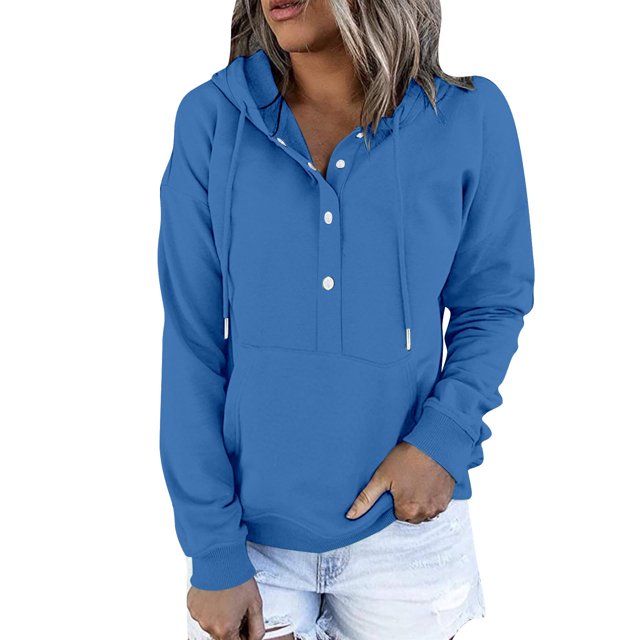 Timegard Hoodies for Women Button Long Sleeve Sweatshirts Pullover Fall Winter Loose Top with Pocket
