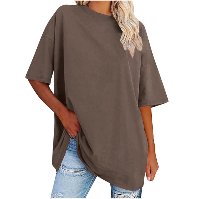 Plebaso T-Shirts Surdimensionnés pour Femmes 2025 Manches Courtes Hauts Amples Col Rond Décontracté Uni T-Shirts Basiques pour Femmes