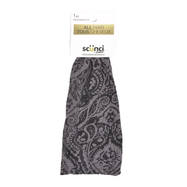 Scunci Bandeau Bandana Burnout avec Motif Cachemire Noir et Gris Burnout, Affiché à Plat avec Emballage Montrant « Tous les Cheveux » et logo de Marque. Convient à Tous les types de Cheveux et à Toutes les Longueurs, Ce Bandeau Garde les Cheveux Repoussés avec style.