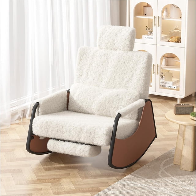AECOJOY Rocking Recliner Chair with retractable footrest and adjustable backrest, upholstered in soft white teddy fabric and supported by a durable carbon steel frame. Designed for smooth glider rocking motion with anti-tipping safety, ideal for living rooms, bedrooms, or nursery furniture. Shown in a warm room setting with wooden flooring and decorative furniture.