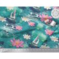 thumbnail image 3 of Soimoi Green polyester Crepe Fabric Yacht & Lotus Flower Decor Fabric Printed BTY 42 Inch Wide, 3 of 3
