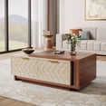 thumbnail image 1 of Tribesigns Extendable Coffee Table with 2 Storage Drawers, Dual-Tone Center Table with Sliding Tabletop, Multi-Functional Hidden Storage Wooden Rectangle Cocktail Table for Living Room, Walnut & Oak, 1 of 5