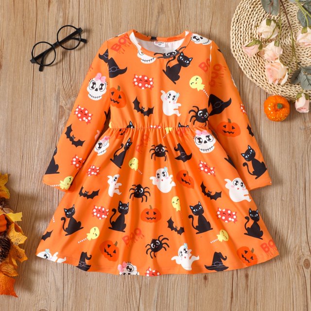 PatPat PatPat Robe à Manches Longues pour Tout-Petite Fille avec Imprimé de Fantôme d'Halloween
