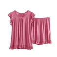 thumbnail image 1 of AherBiu Ensembles de Pyjama Grande Taille pour Femmes 2 Pcs Col Ras du Cou Manches Courtes à Revers Hauts à Volants avec Shorts de Pyjama Vêtements d'Intérieur Vêtements de Nuit, 1 of 3