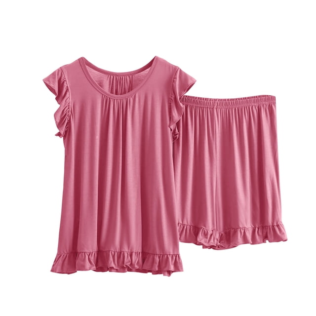 AherBiu Ensembles de Pyjama Grande Taille pour Femmes 2 Pcs Col Ras du Cou Manches Courtes à Revers Hauts à Volants avec Shorts de Pyjama Vêtements d'Intérieur Vêtements de Nuit