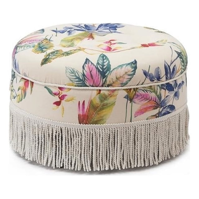 Ottoman Rond Décoratif Capitonné Yolanda en Tissu Floral Blanc Cassé