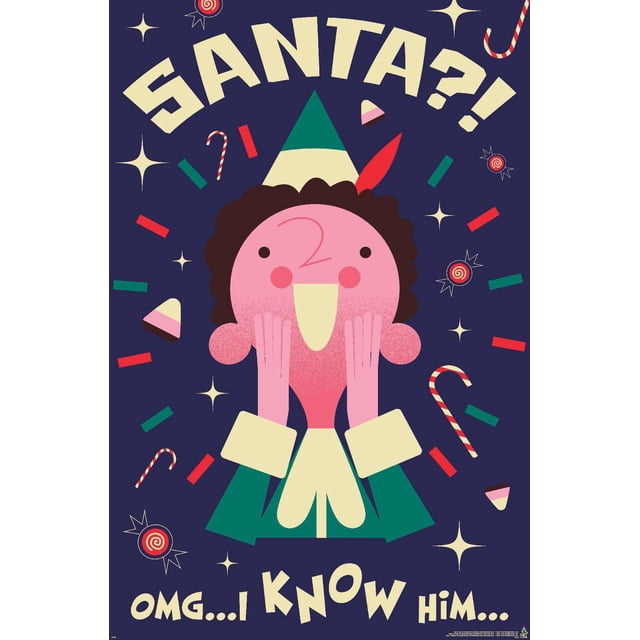 Elf - Affiche Murale « I Know Him », 14,725 Po x 22,375 Po Encadrée, Représentant un Elf de Dessin Animé avec un Visage Rose, des Cheveux Bruns Bouclés, Tenue Verte et Crème, et un Chapeau Vert avec une Plume Rouge, sur un Fond Bleu Foncé avec des Cannes de Bonbon, des Étoiles et des Morceaux de Bonbon, avec Texte Crème « Santa?! OMG... I Know Him... ».
