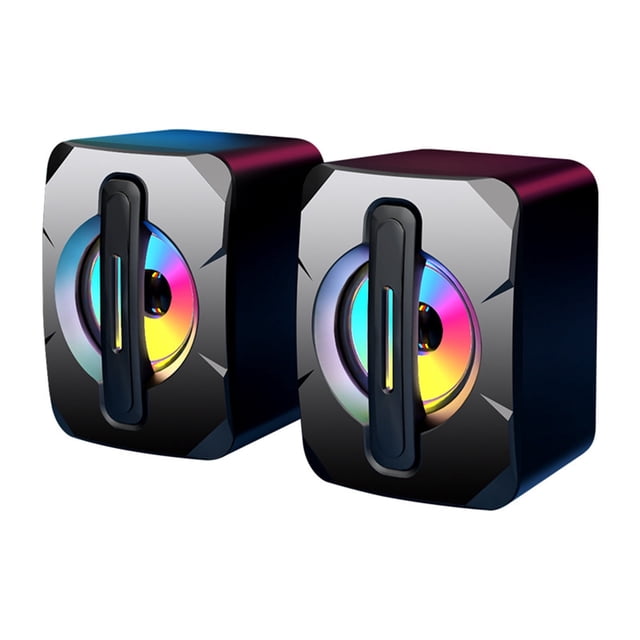 USB Powered Computer Speakers, 2.0 Stereo Wired Mini Desktop Speakers with RGB LED Lighting, 3.5mm Aux Plug and Play Compact Speaker Pair for PC, Laptop, Tablet, and Phone