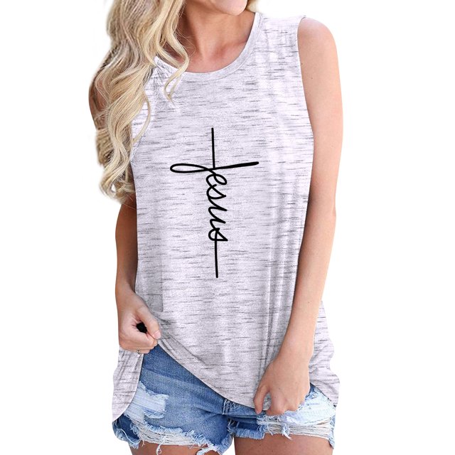 Women'd Round Neck Jesus Letter Printed Pullover Tank Top