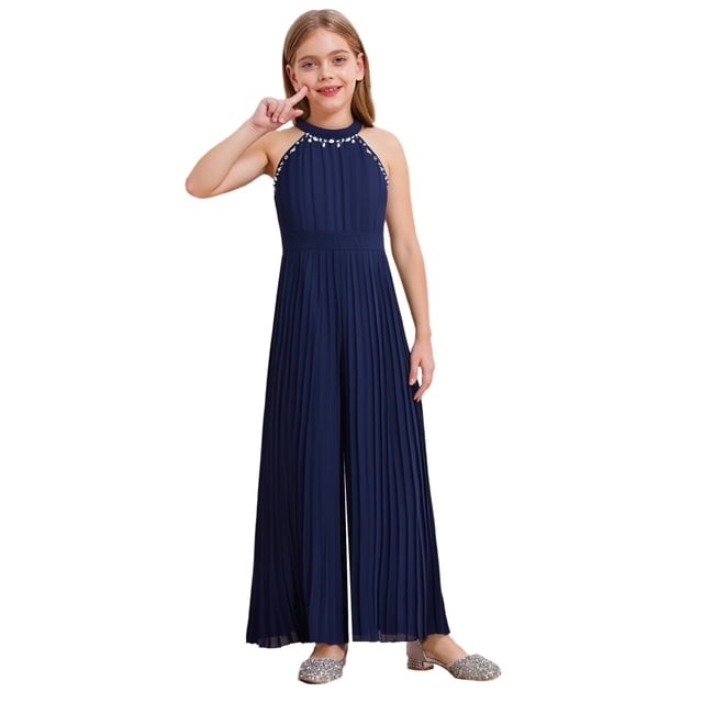 Jizyo Ensemble Robe Sans Manches pour Filles Taille Haute Combinaison une Pièce Transparente pour Fête Bleu Marine 10