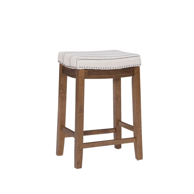 Warren Natural Counter Stool with a natural colour linen blend padded seat accented by brushed silver nail head trim, supported by a sturdy brown wood frame with four footrails for added comfort and stability, ideal for kitchen counters with a 26.5-inch seat height and 275-pound weight limit.