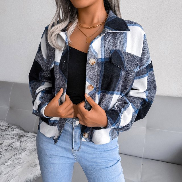 U.Vomade Nouvelle Veste à Carreaux pour Femme, Mode Polyvalente, Veste à Col à Revers à Manches Longues Lanterne, Veste