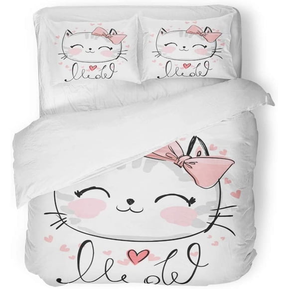 POGLIP 3 Piece Bedding Set Pink Graphic Cute Cat Sketch Children Girl with Text Meow Face Kitten Adorable Twin Size Duvet Cover with 2 Pillowcase for Home Bedding Room Decoration
