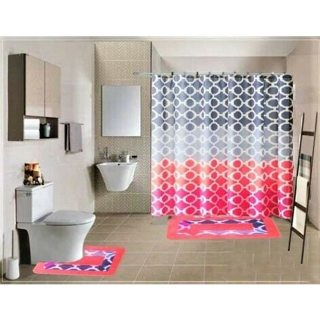 15-Piece Bathroom Set 2-Rugs/Mats Non Slip 1 Fabric Shower Curtain With 12-Fabric Covered Rings Different Styles and Colors For Home Bath Dcor Peony Purple