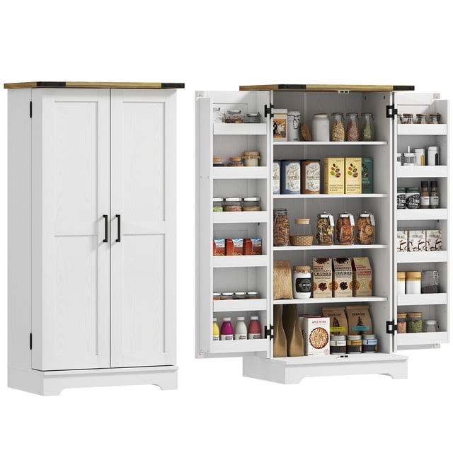 HOMCOM Armoire de Rangement de Garde-Manger de Cuisine avec Tablettes Ajustables Blanc Crème, Vue Centrée de l'Avant d'Un Garde-Manger Autoportant de Style Ferme à Cinq Niveaux en grain de Bois Blanc Crème avec Dessus Brun Rétro et accents Noirs; Montre des Tablettes Intérieures Réglables à 3 Niveaux, 12 Tablettes de Porte avec Portes Magnétiques à Charnières en Métal et Fini en Panneau de Particules Effet Mélamine, au Total 60 x 40 x 120 cm (23.6 Pouces x 15.7 Pouces x 47.2 Pouces), Idéal